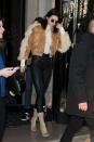 <p>Kendall is rocking statement jackets at the moment, including this dreamy suede and fur bomber. [Photo: Getty] </p>