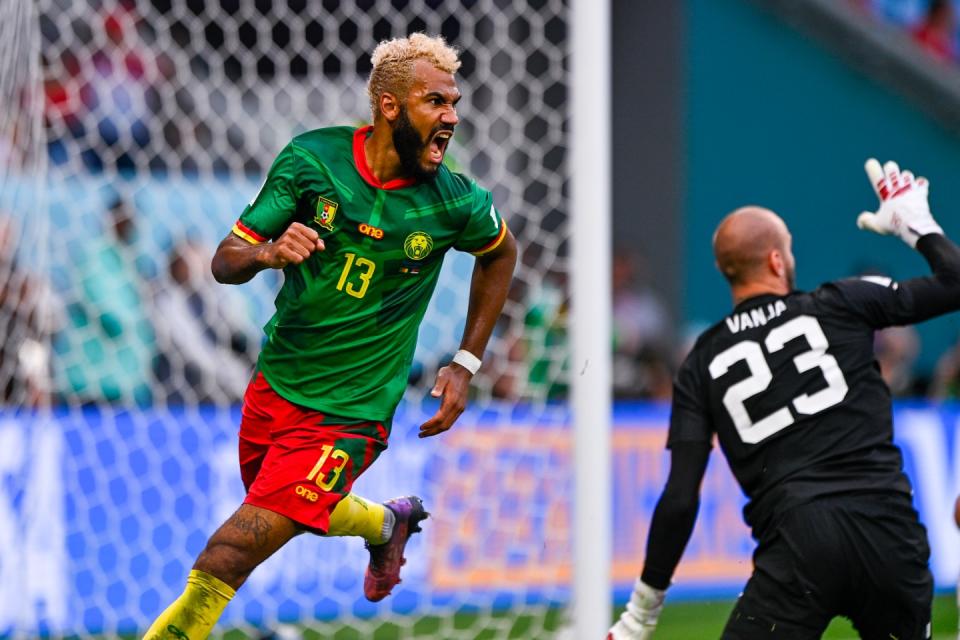 AL WAKRAH, QATAR - NOVEMBER 28: Eric Maxim Choupo Moting of Cameroon celebrates after scoring his sides third goal during the Group G - FIFA World Cup Qatar 2022 match between Cameroon and Serbia at the Al Janoub Stadium on November 28, 2022 in Al Wakrah, Qatar (Photo by Pablo Morano/BSR Agency/Getty Images)