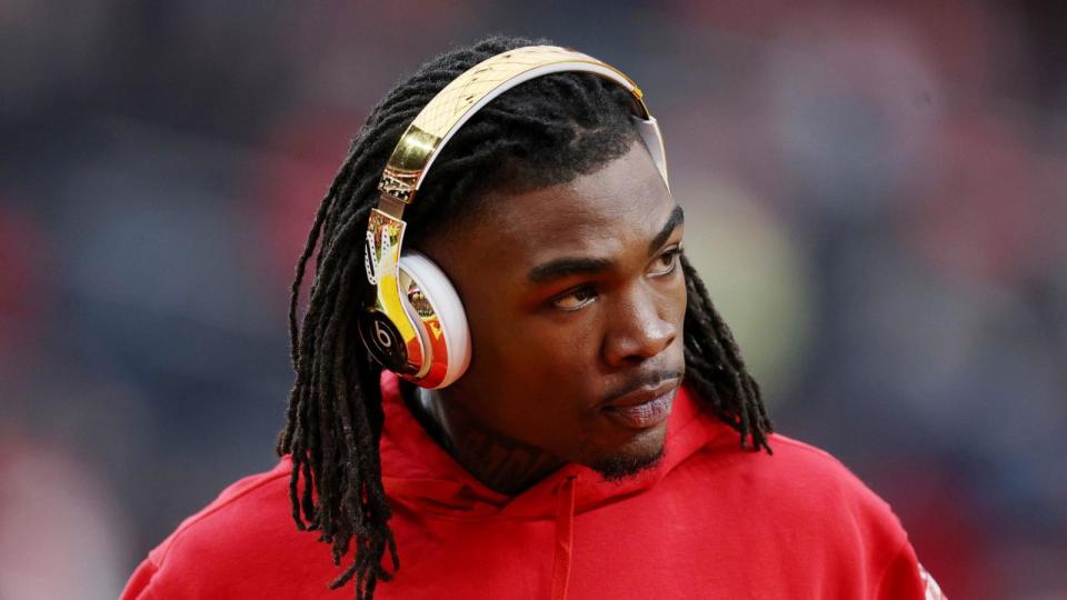 PHOTO: In this Feb. 11, 2024, file photo, Rashee Rice of the Kansas City Chiefs warms up before Super Bowl LVIII, at Allegiant Stadium in Las Vegas. (Jamie Squire/Getty Images)