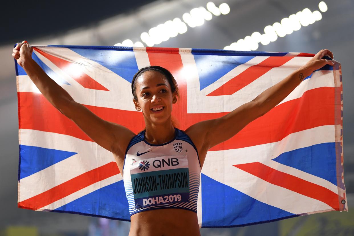 Britain's Katarina Johnson-Thompson wins the the Women's Heptathlon at the 2019 IAAF Athletics World Championships at the Khalifa International stadium in Doha on October 3, 2019. (Photo by Jewel SAMAD / AFP) (Photo by JEWEL SAMAD/AFP via Getty Images)