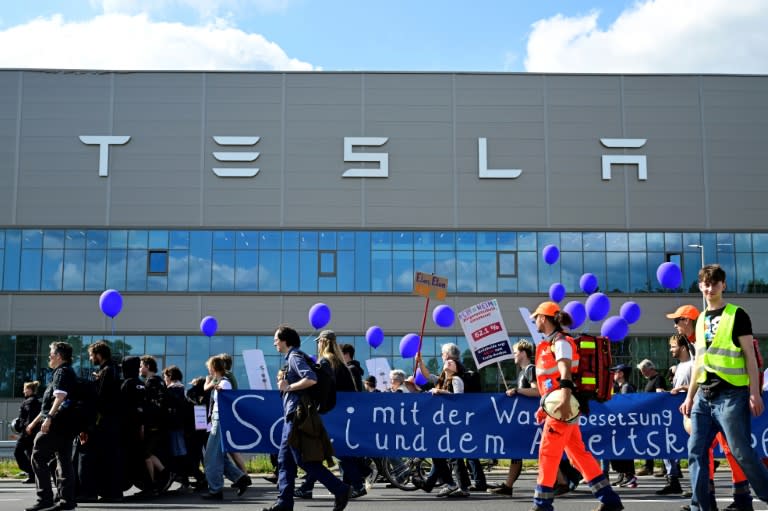 Des manifestants écologistes défilent devant l'usine Tesla à Grünheide (près de Berlin, Allemagne) pour protester contre un projet d'agrandissement, le 11 mai 2024 (JOHN MACDOUGALL)