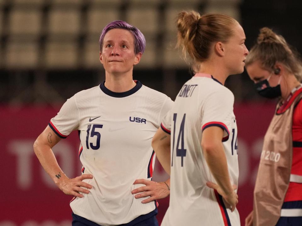 Megan Rapinoe reacts to the USWNT's loss to Canada at the Tokyo Olympics.