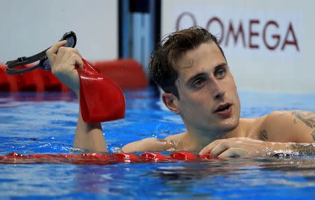 2016 Rio Olympics - Swimming - Preliminary - Men's 100m Backstroke - Heats - Olympic Aquatics Stadium - Rio de Janeiro, Brazil - 07/08/2016.Chris Walker-Hebborn (GBR) of United Kingdom reacts. REUTERS/Dominic Ebenbichler