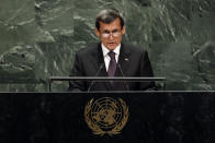 Rashid Meredov, foreign minister of Turkmenistan, addresses the 74th session of the United Nations General Assembly, Saturday, Sept. 28, 2019. (AP Photo/Richard Drew)