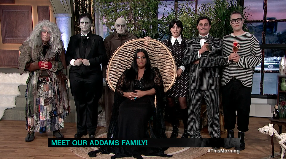 This Morning's Phil Vickery, Josie Gibson, Phillip Schofield, Alison Hammond, Holly Willoughby, Steve Wilson and Gok Wan as The Addams Family. (ITV)