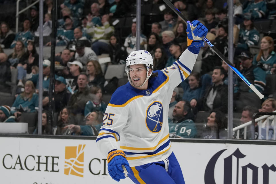Buffalo Sabres defenseman Owen Power celebrates after scoring a goal against the San Jose Sharks during the second period of an NHL hockey game in San Jose, Calif., Saturday, Feb. 18, 2023. (AP Photo/Jeff Chiu)