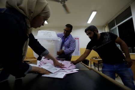 Officials count ballots after polls closed at a polling station for parliamentary elections in Amman, Jordan, September 20, 2016. REUTERS/Muhammad Hamed