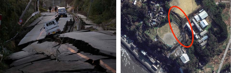 The left image shows a road in Japan destroyed by an earthquake. The right image is a satellite photo of a giant crack in the ground in Japan from the same earthquake.