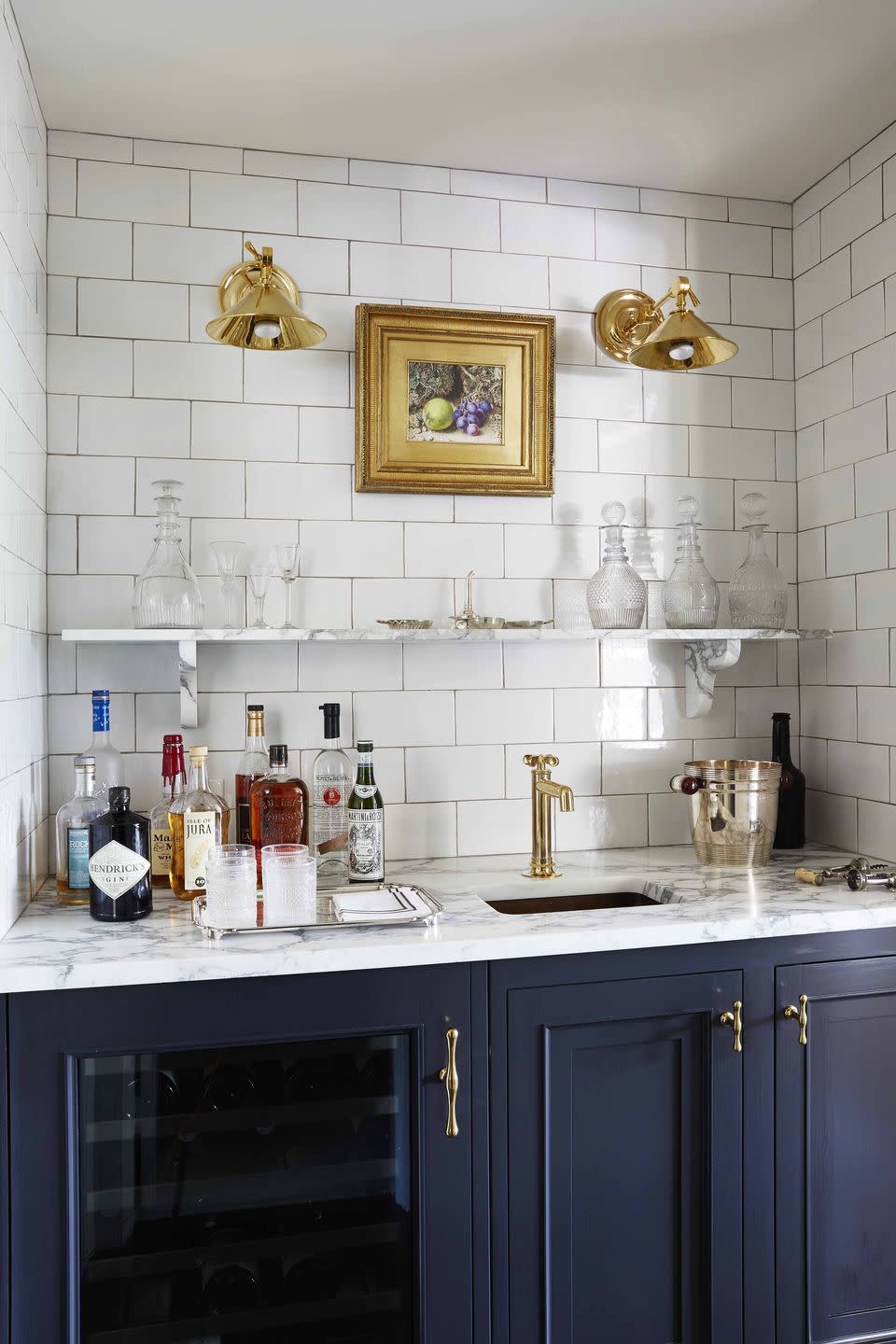 barbara sallick kitchen bar with navy cabinets and white subway tile