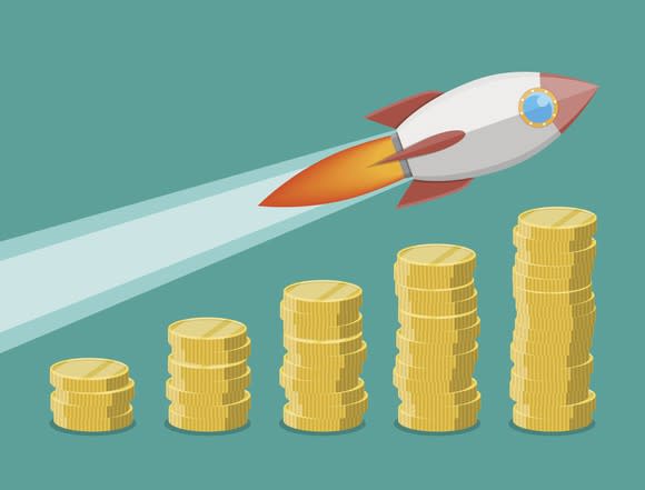 A cartoon of a rocket ship soaring over increasingly taller columns of coins.