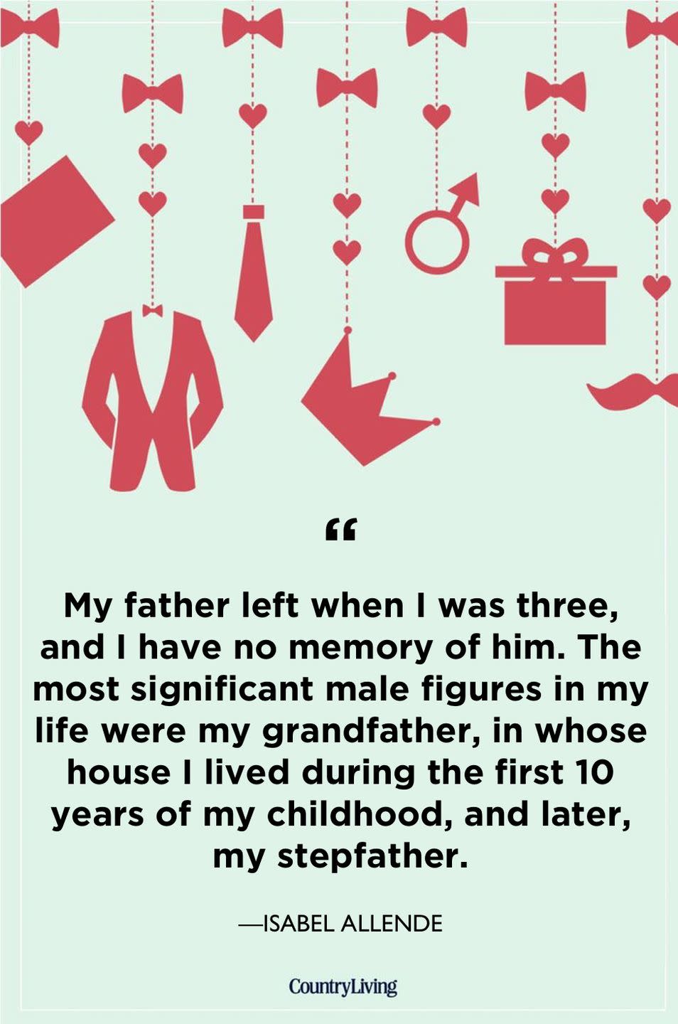 <p>"My father left when I was three, and I have no memory of him. The most significant male figures in my life were my grandfather, in whose house I lived during the first 10 years of my childhood, and later my stepfather."</p>