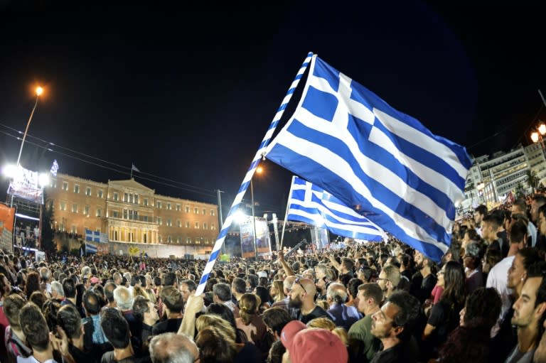 Thousands on 'No' protesters gather in front of the parliament building in Athens on July 3, 2015