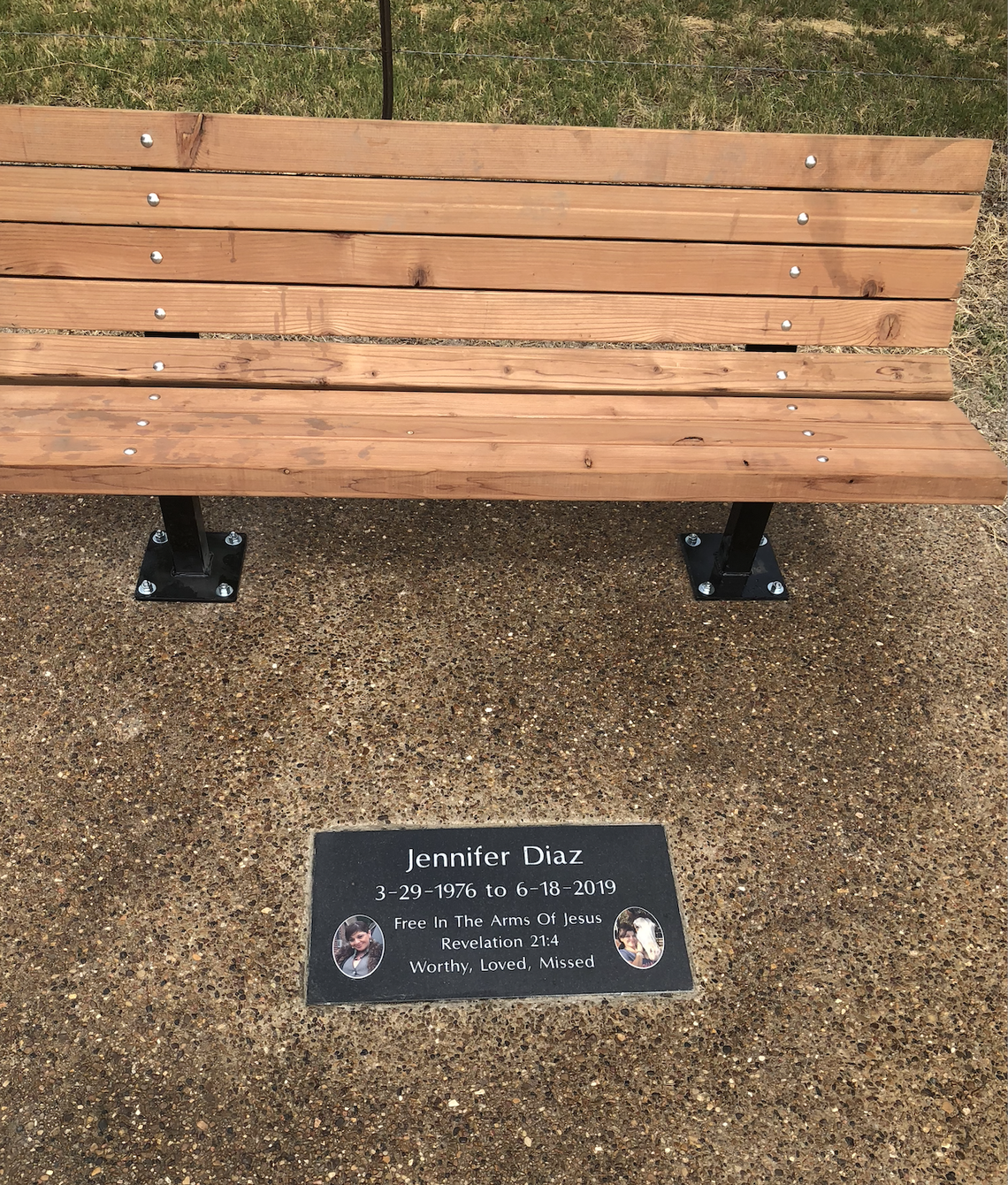 To commemorate her friend, Rebecca Shingledecker raised money for a memorial bench and plaque to be installed on the Trinity Trail in honor of Jennifer Diaz.