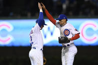 Chicago Cubs' Christopher Morel, right, celebrates with Nico Hoerner (2) after the team's 2-1 win over the Philadelphia Phillies in a baseball game Tuesday, Sept. 27, 2022, in Chicago. (AP Photo/Paul Beaty)