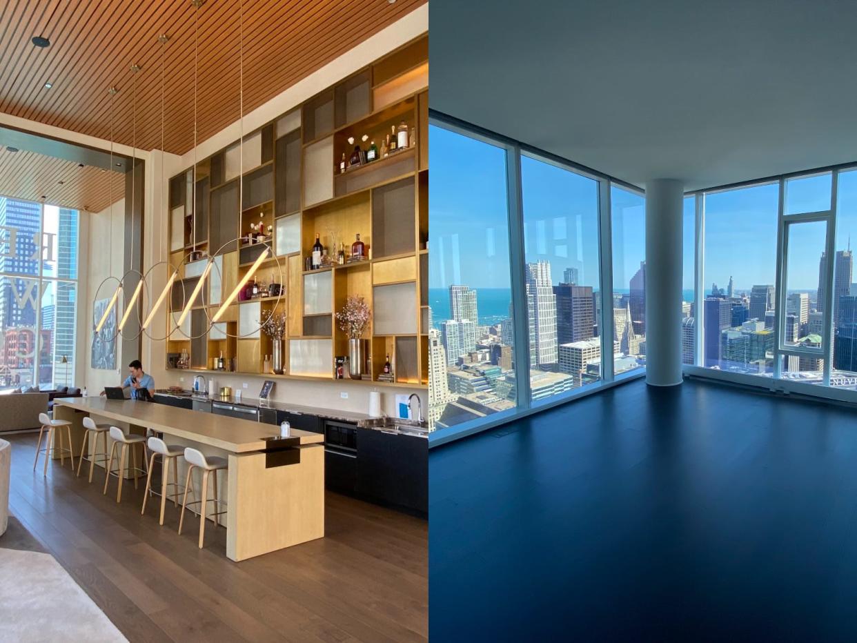 A common kitchen on the left and an empty penthouse apartment on the right