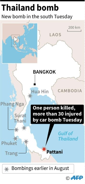 Map of Thailand locating a bombing in the south late August 23, 2016, that killed one person and wounded more than 30 others