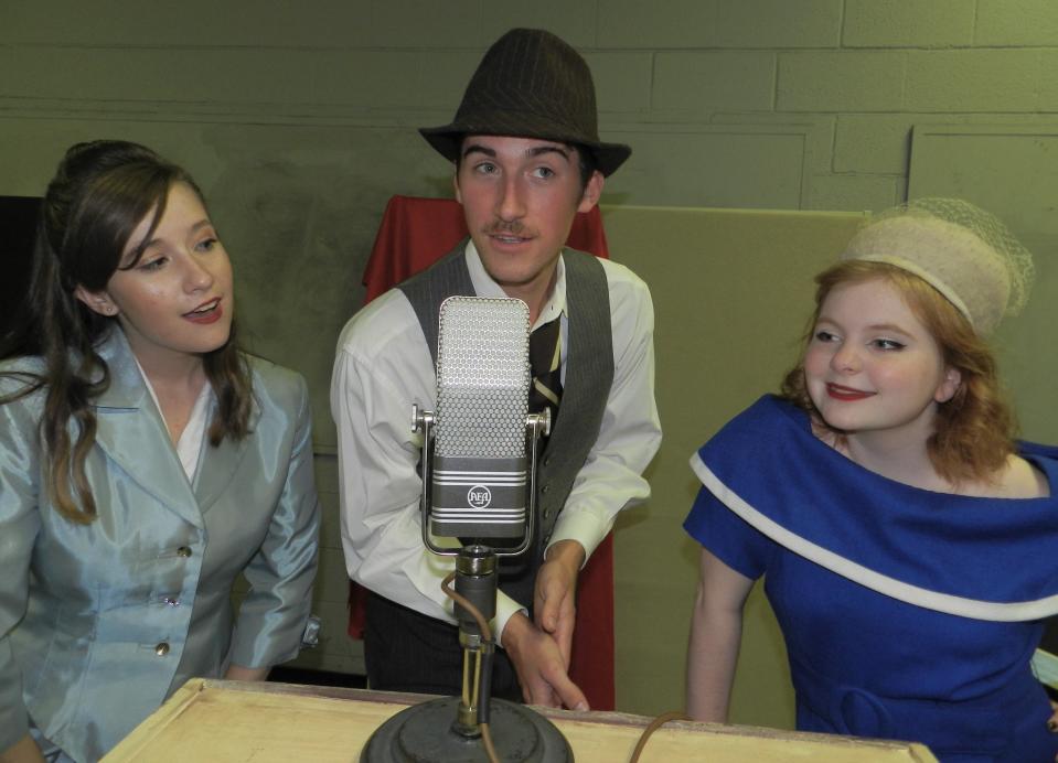 Ginger Brooks (Alyssa Foley), Clifton Feddington (Hunter Seegers) and Connie Miller (Brieana McAfee) preparing a song for “The 1940s Radio Hour.”