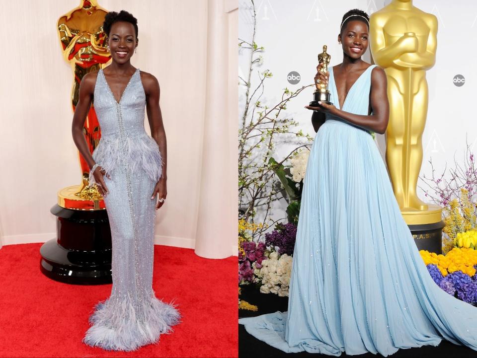 Composite image of Lupita Nyong'o at the 2024 Academy Awards and the 2014 Academy Awards.