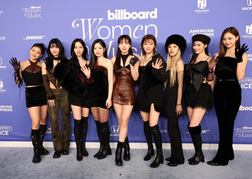 INGLEWOOD, CALIFORNIA - MARCH 01: (L-R) Jihyo, Momo, Mina, Dahyun, Nayeon, Jeongyeon, Chaeyoung, Sana and Tzuyu of Musical group TWICE attend 2023 Billboard Women In Music at YouTube Theater on March 01, 2023 in Inglewood, California. (Photo by Monica Schipper/Getty Images) ORG XMIT: 775933868 ORIG FILE ID: 1470621241