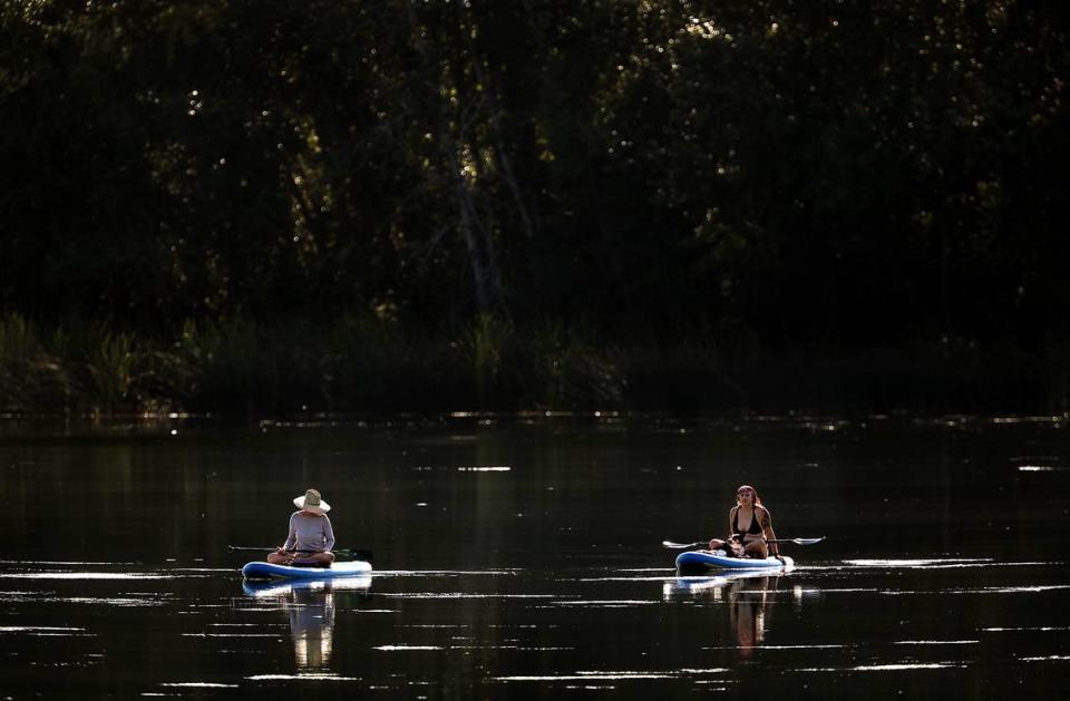 A pair of paddbleboarders and one well trained dog share in the quiet of summer reflection during a cool early morning excursion on the calm waters of the lagoon at the Two Rivers Park in Finley. Facing the forecast of triple digit high temperatures for most of this week, many outdoor enthusiasts may want to consider adjusting their outdoor schedule to avoid the heat of the day.