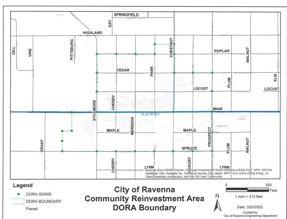This map, drawn by Ravenna's engineering department, shows the boundaries of the proposed Designated Outdoor Refreshment Area in Ravenna.