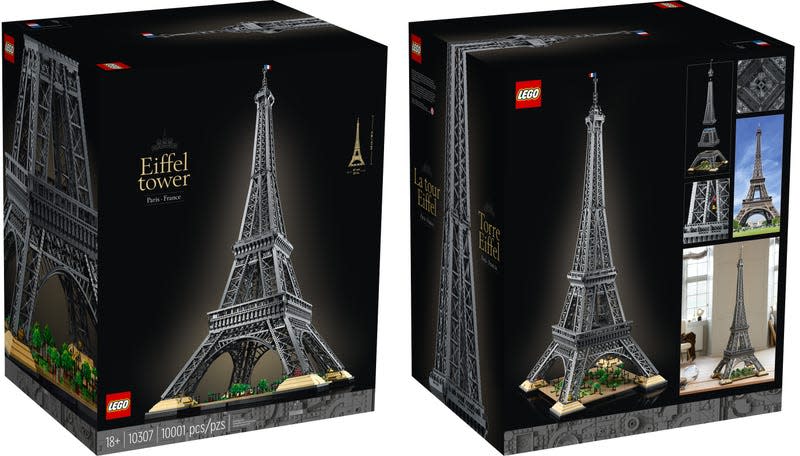 The front and back of the Lego Eiffel Tower packaging.