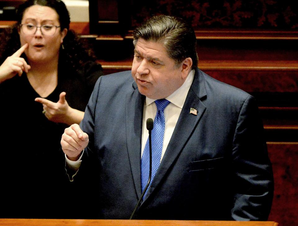 Illinois Gov. JB Pritzker gives the annual State of the State budget address before the General Assembly Wednesday, Feb. 21, 2024.