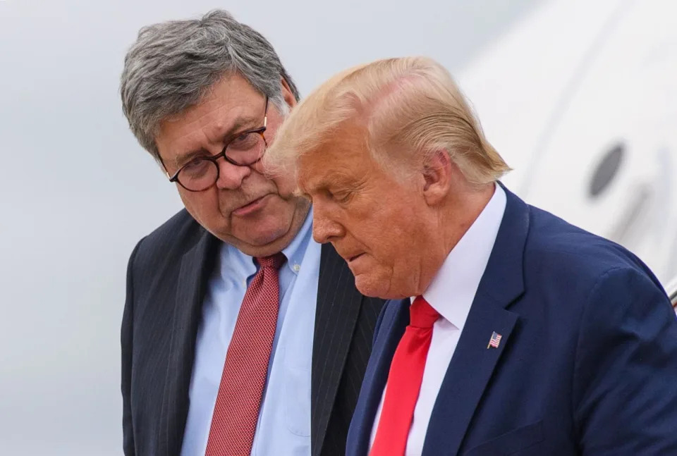 PHOTO: President Donald Trump and Attorney General William Barr step off Air Force One upon arrival at Andrews Air Force Base in Maryland, Sept. 1, 2020. (Mandel Ngan/AFP via Getty Images)