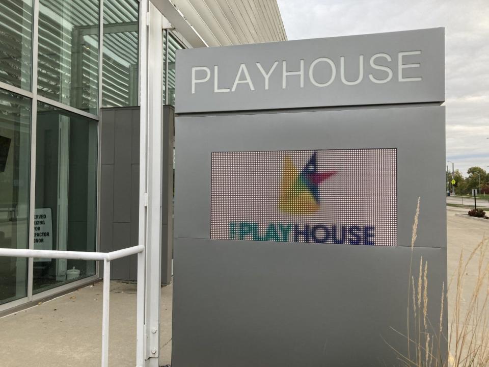 The sign outside the Des Moines Community Playhouse at 831 42nd St.