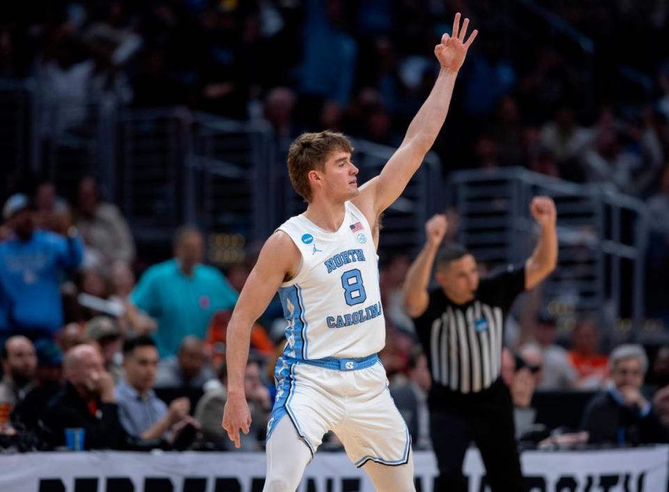 North Carolina’s Paxson Wojcik (8) reacts after sinking a three point basket in the second half against Alabama during the NCAA Sweet Sixteen on Thursday, March 28, 2024 at Crypto.com Arena in Los Angeles, CA.