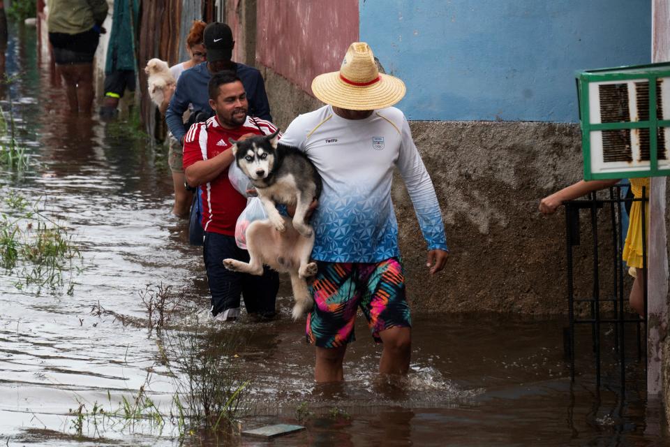 A man carries a dog while walking through a flooded street in Batabano, Mayabeque province, Cuba on August 29, 2023, during the passage of tropical storm Idalia. Tropical Storm Idalia strengthened into a hurricane this Tuesday and forecasters are forecasting it to become "extremely dangerous" before making landfall on Wednesday in Florida, US. (Photo by YAMIL LAGE / AFP) (Photo by YAMIL LAGE/AFP via Getty Images)