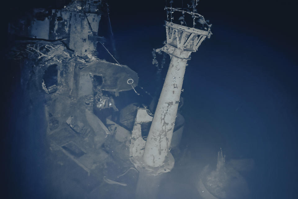 In this photo provided by the Ocean Exploration Trust, the aircraft crane of the carrier USS Yorktown still stands at the aft end of the ship's island on Sept. 10, 2023. Footage from remote submersibles taken three miles under the Pacific Ocean is giving the world the first detailed glimpse of three World War II aircraft carriers that sunk in the pivotal Battle of Midway, which marked a shift in control of the Pacific naval theater from Japanese to U.S. forces. (Ocean Exploration Trust/NOAA via AP)