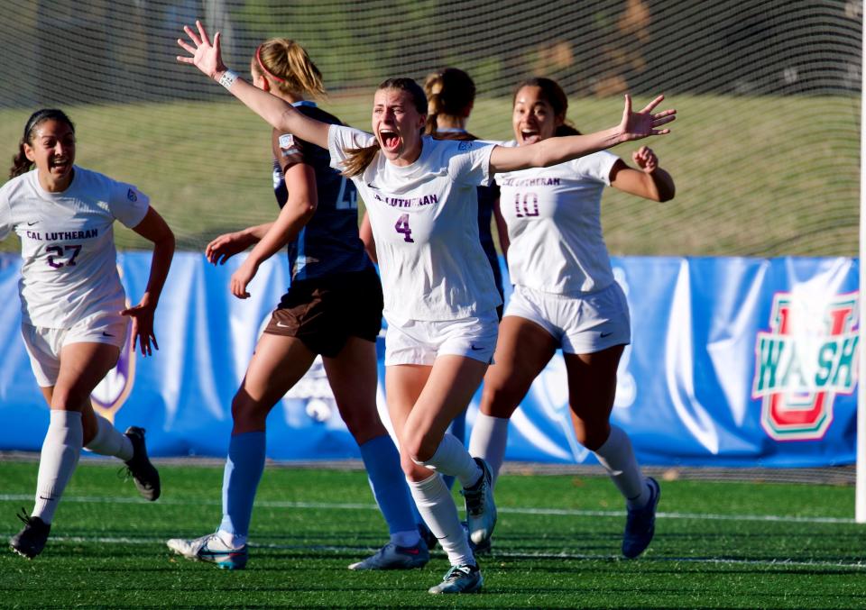 Avery West celebrates after scoring Cal Lutheran’s only goal in regulation during an NCAA Division III semifinal match against Tufts University in Roanoke, Virginia, on Thursday, Nov. 30, 2023. The Regals won in penalty kicks to advance to Saturday’s championship match.