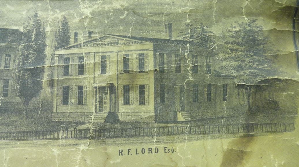 The home of Russell F. Lord, Chief Engineer, D&H Canal Company, was located at the corner of Main and Eighth Streets, Honesdale, Pa., where the Jadwin Building is today, former sites of CVS, Rea & Derrick and Jadwin Pharmacies. This sketch is from the 1851 map of Wayne County, Pa.