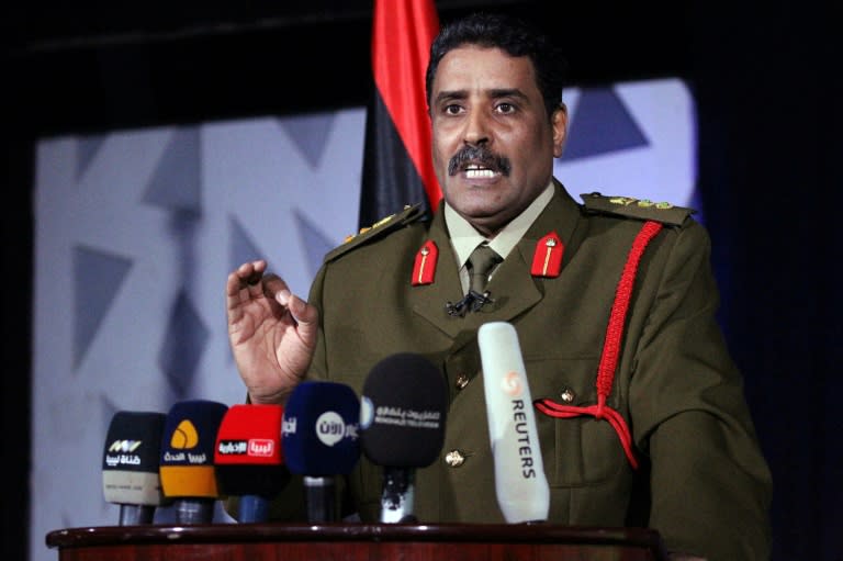 Ahmed al-Mesmari, a spokesman of Libyan strongman Khalifa Haftar's forces, announces the recapture of two key installations, at a press conference in Benghazi on March 14, 2017