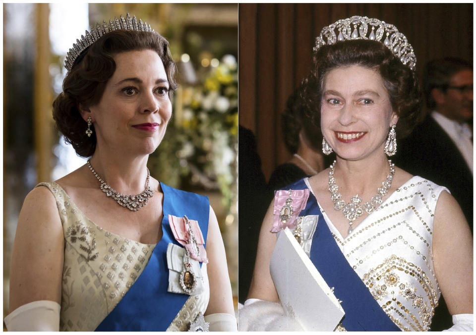 This combination of photos shows Olivia Colman portraying Queen Elizabeth II in a scene from the third season of "The Crown," left, and Queen Elizabeth II at the Sydney Opera House in Sydney, Australia on Oct. 20, 1973. (Netflix, left, and AP Photo)