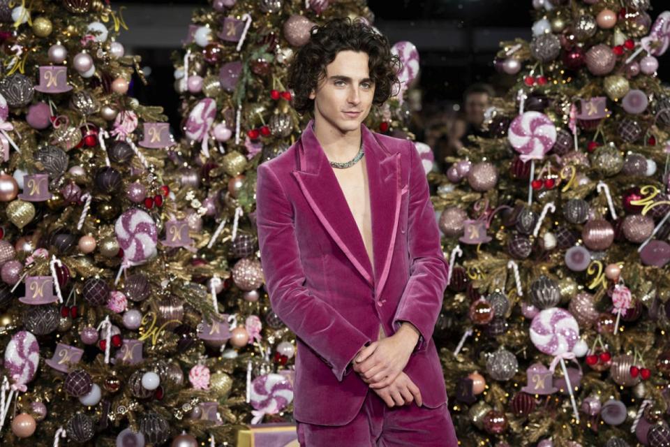 Timothee Chalamet poses for photographers upon arrival at the world premiere of the film 'Wonka' on Tuesday, Nov. 28, 2023 in London.