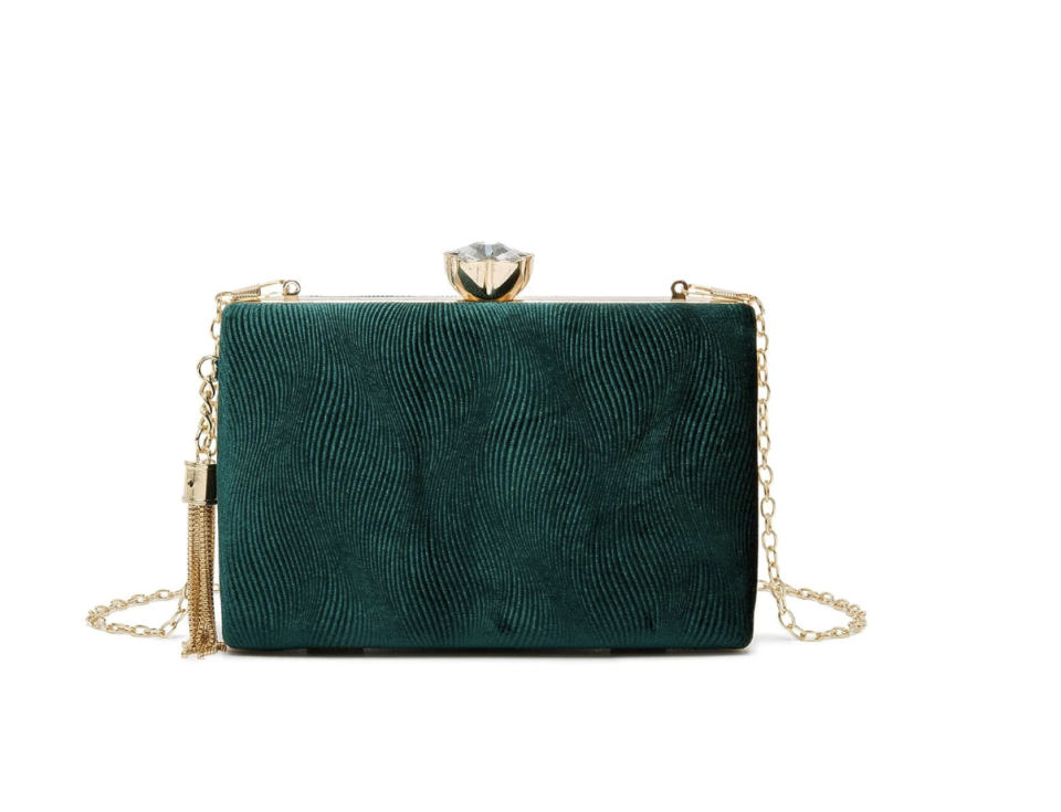 A dark green Velvet Chain Box Bag, $19.95 from Shein with an obvious nap and texture and gold fittings.