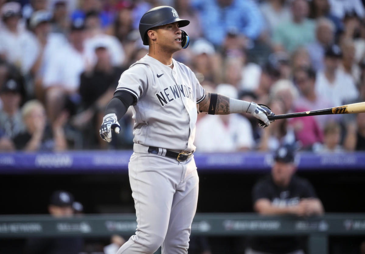 Gleyber Torres of the New York Yankees follows through on his seventh