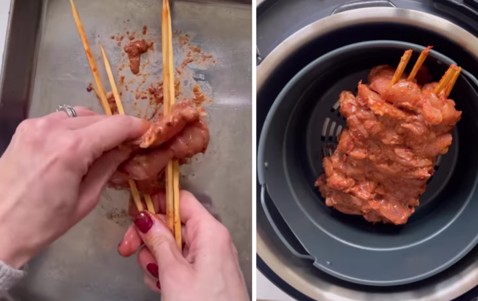 Left: Placing the chicken on skewers. Right: Chicken skewers in the air fryer