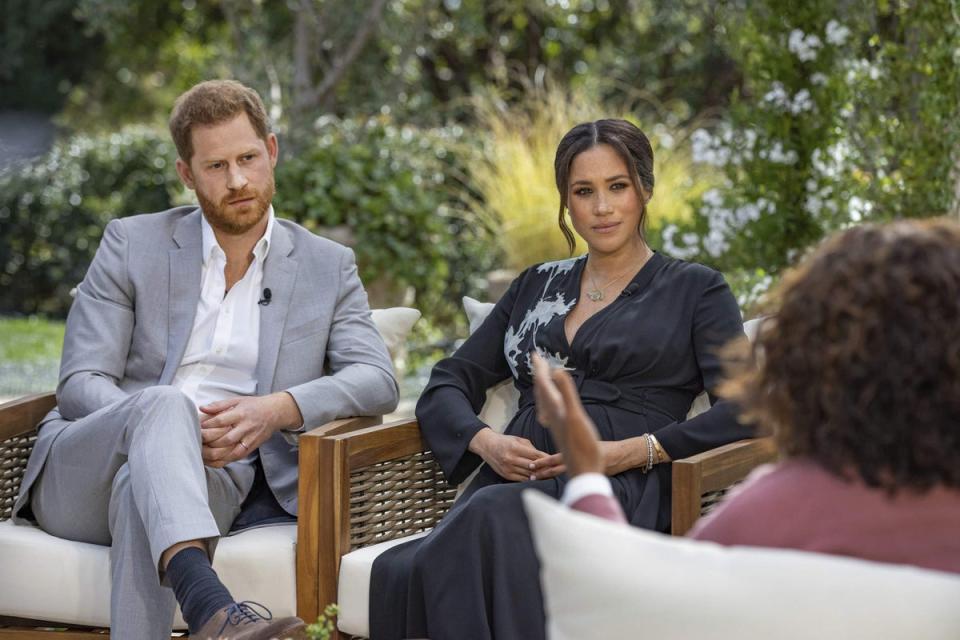 The Duke and Duchess of Sussex during their interview with Oprah Winfrey (Joe Pugliese / Harpo Productions / PA)