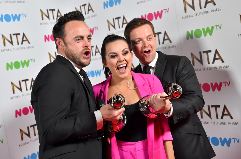 Ant,  Dec and Scarlett Moffatt attending the National Television Awards 2017 at the O2, London. PRESS ASSOCIATION Photo. Picture date: Wednesday January 25, 2017. See PA story SHOWBIZ NTAs. Photo credit should read: Matt Crossick/PA Wire