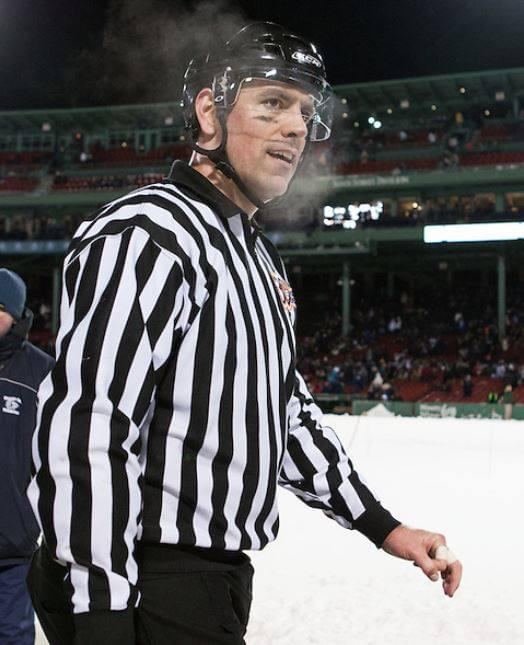 Dover resident and Portsmouth High School graduate Jeremy Lovett's final game as a hockey official will be this Saturday when the University of New Hampshire hosts rival Maine in a Hockey East game at the Whittemore Center. Here Lovett is pictured at one of the most memorable games he has been involved in his 20-year career, the 2014 Frozen Fenway game between Boston College and Notre Dame, a 4-3 win for the Eagles.