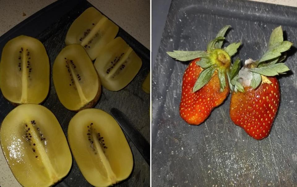 Rotting fruit on chopping board.