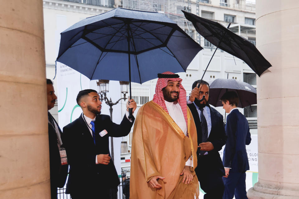 Saudi Crown Prince Mohammed bin Salman arrives at the New Global Financial summit in Paris Thursday, June 22, 2023. World leaders, heads of international organizations and activists are gathering in Paris for a two-day summit aimed at seeking better responses to tackle poverty and climate change issues by reshaping the global financial system. (Ludovic Marin, Pool via AP)