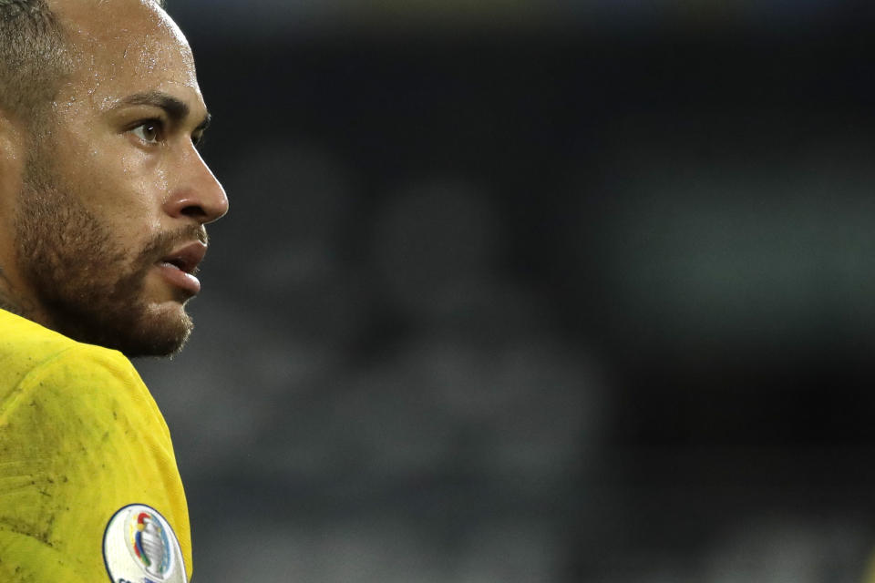 Brazil's Neymar reacts during a Copa America semifinal soccer match against Peru at the Nilton Santos stadium in Rio de Janeiro, Brazil, Monday, July 5, 2021. (AP Photo/Bruna Prado)