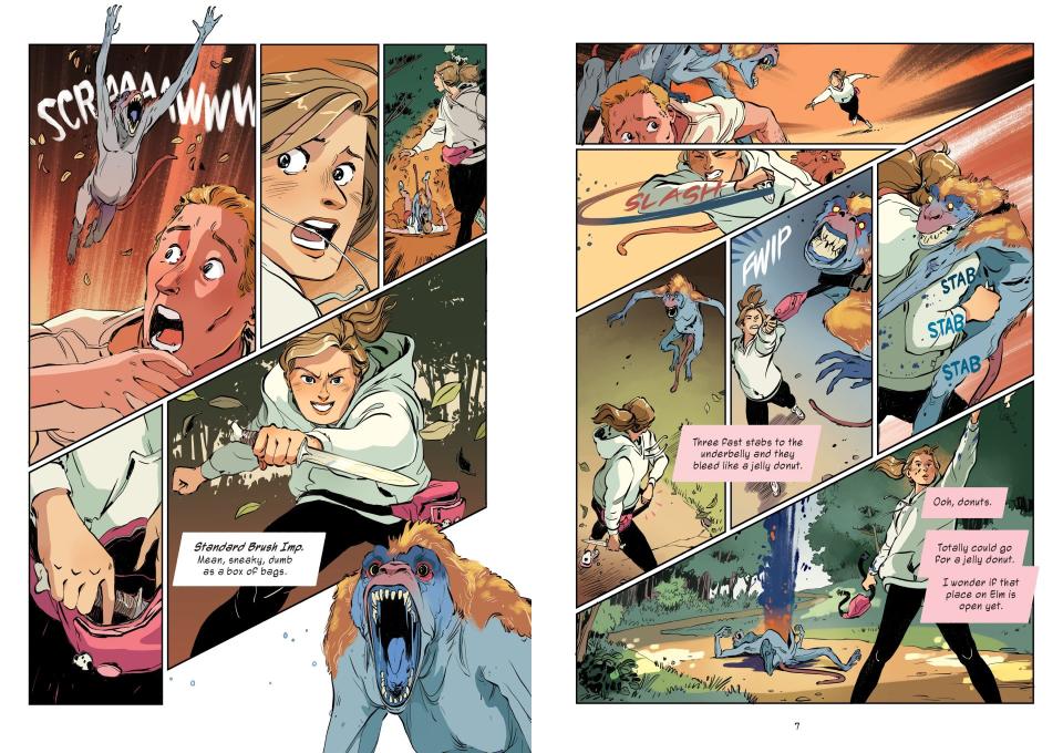 Illustrated comic book panels show a girl killing a monster in Bubble