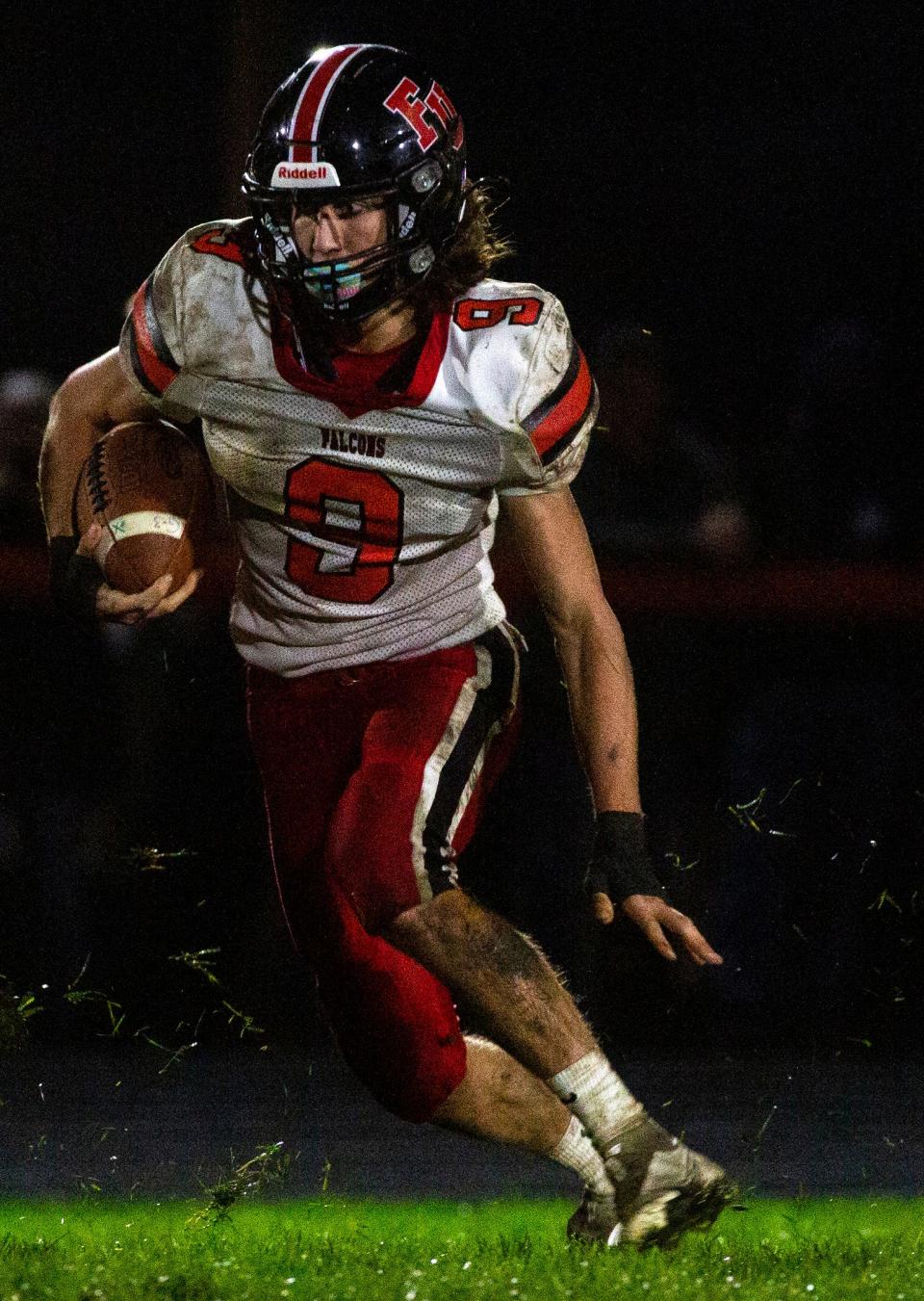 Fairfield Union's Hayden Collins (9) looks for a hole in the Amanda-Clearcreek defense as Amanda-Clearcreek hosted Fairfield Union in boys football action at Amanda-Clearcreek High School in Amanda, Ohio on October 22, 2021.