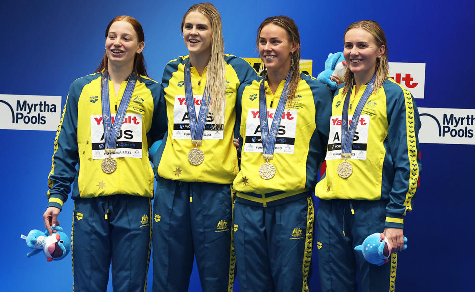 Mollie O'Callaghan, Shayna Jack, Brianna Throssell and Ariarne Titmus at the swimming world championships.