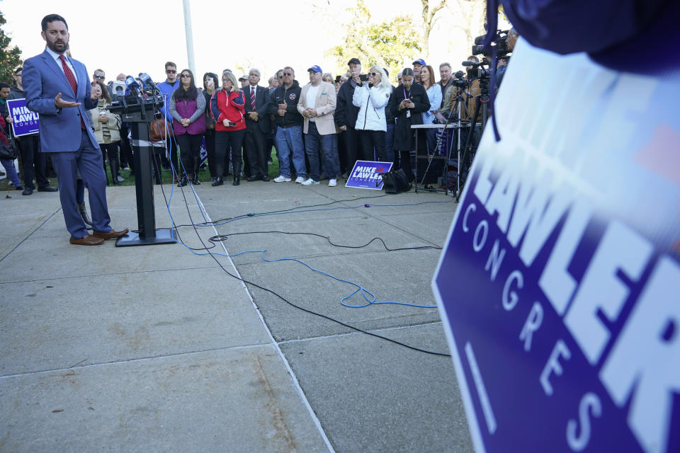 Mike Lawler speaks during a news conference, Wednesday, Nov. 9, 2022, in New City, N.Y. (AP Photo/Mary Altaffer)